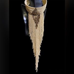 Beige and bronze beaded drop necklace